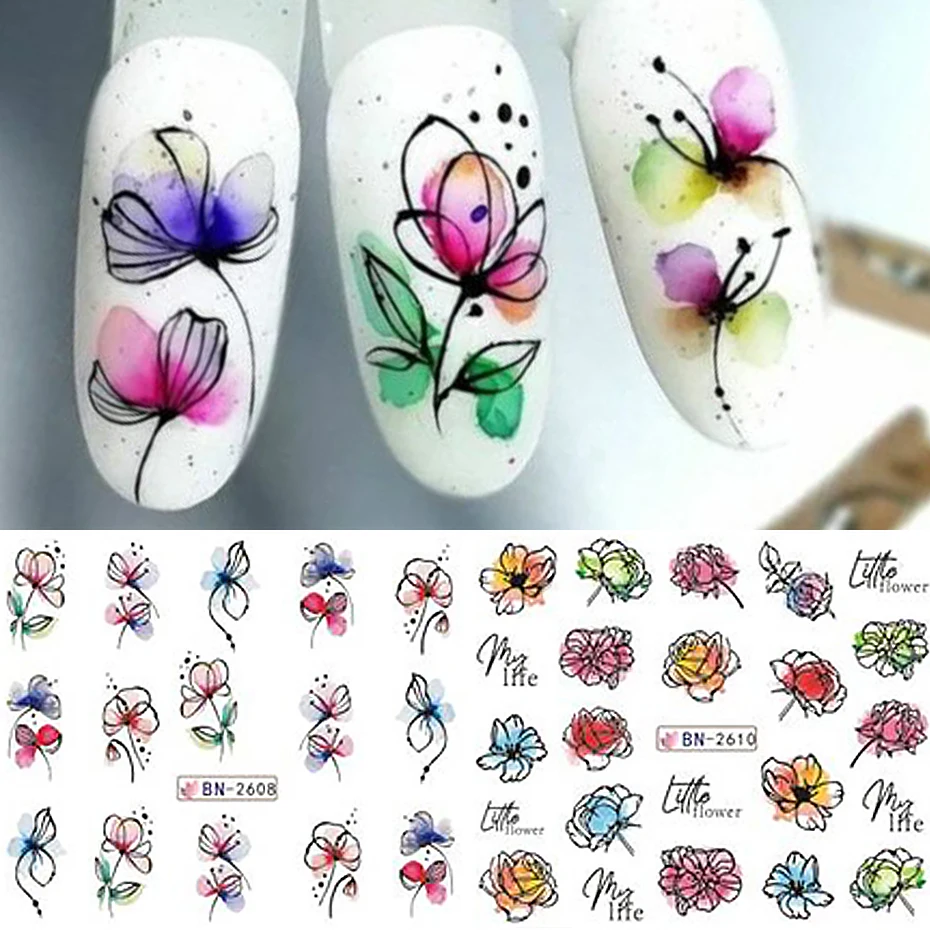 12 PCs Nail Sticker Set Spring Summer Water Decal Nail Art Ink Flowers Leaves Graffiti Slider for Nail Decoration Foils Tattoo 5
