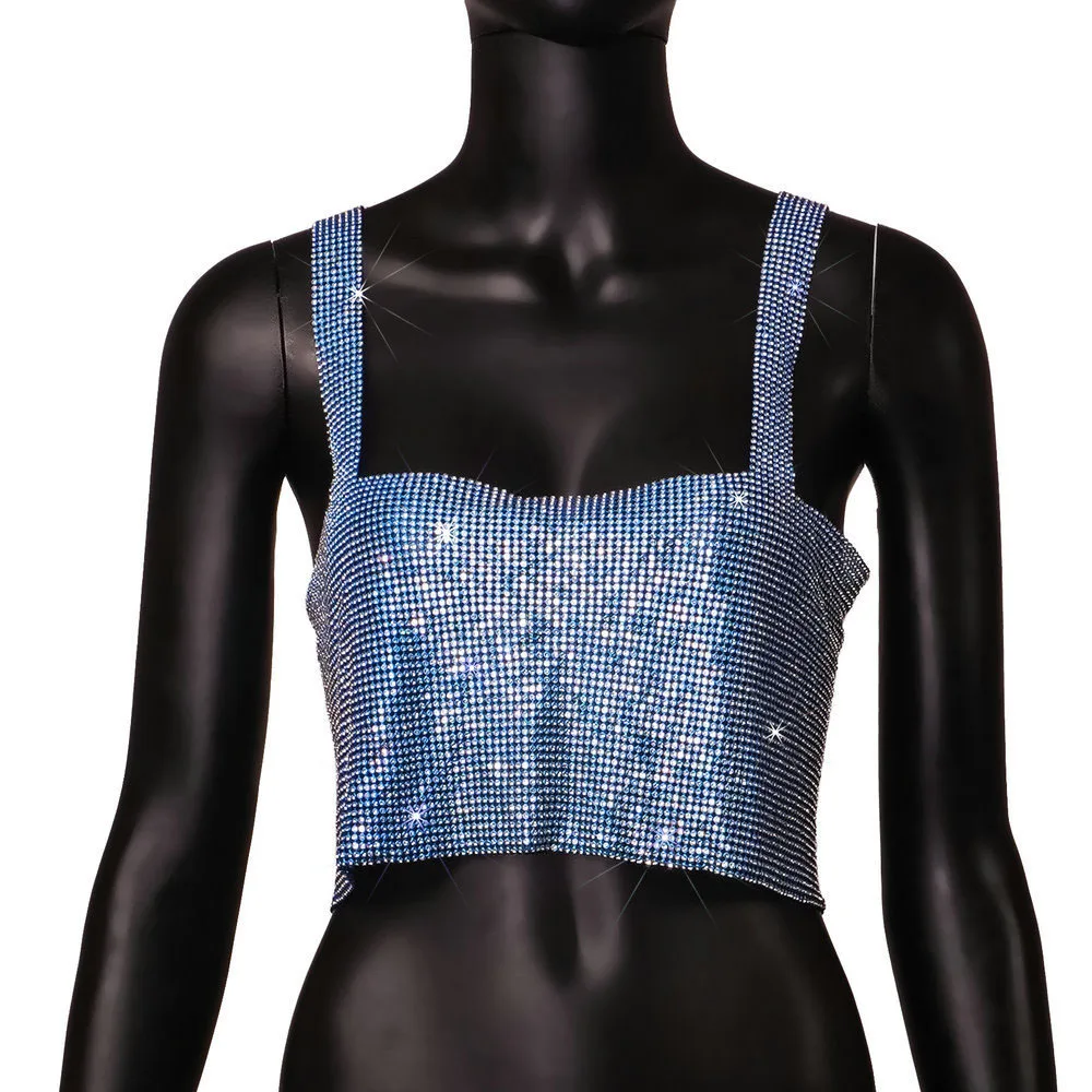 Camiseta sin mangas de malla metálica con diamantes de imitación para mujer, top corto con cadena hueca en la espalda, chaleco sexy para playa y fiesta en club.