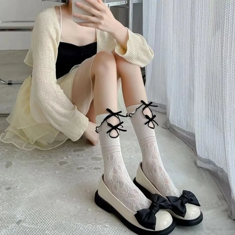 

Soft Cute Calf Socks Trendy Embroidery Flower Frilly Cotton Hosiery Girls Bow Socks Korean Style Socks Middle Tube