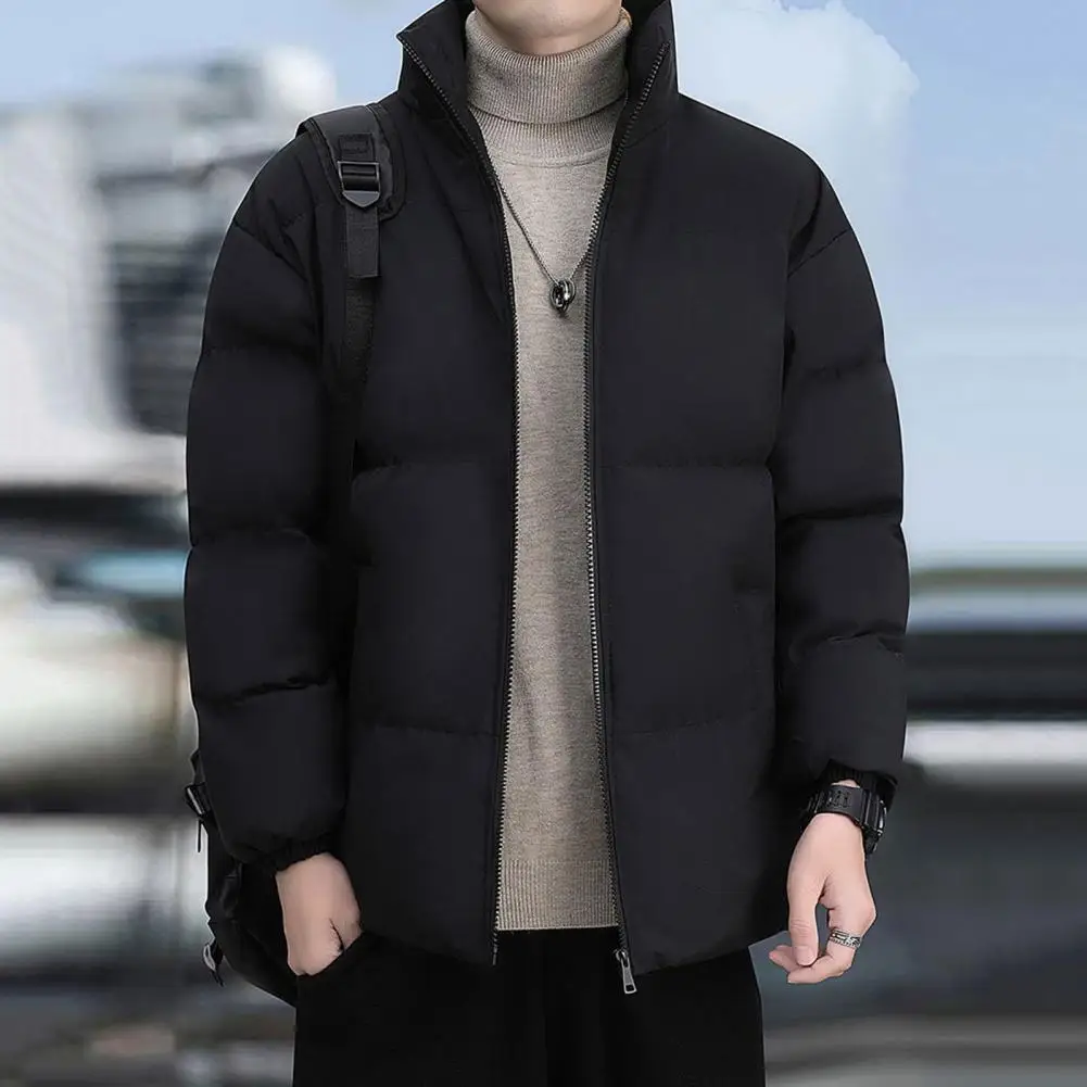

Men Cotton Coat Thickened Padded Windoroof Heat Retention Solid Color Long Sleeve Stand Collar Neck Protection Pockets Outdoor D