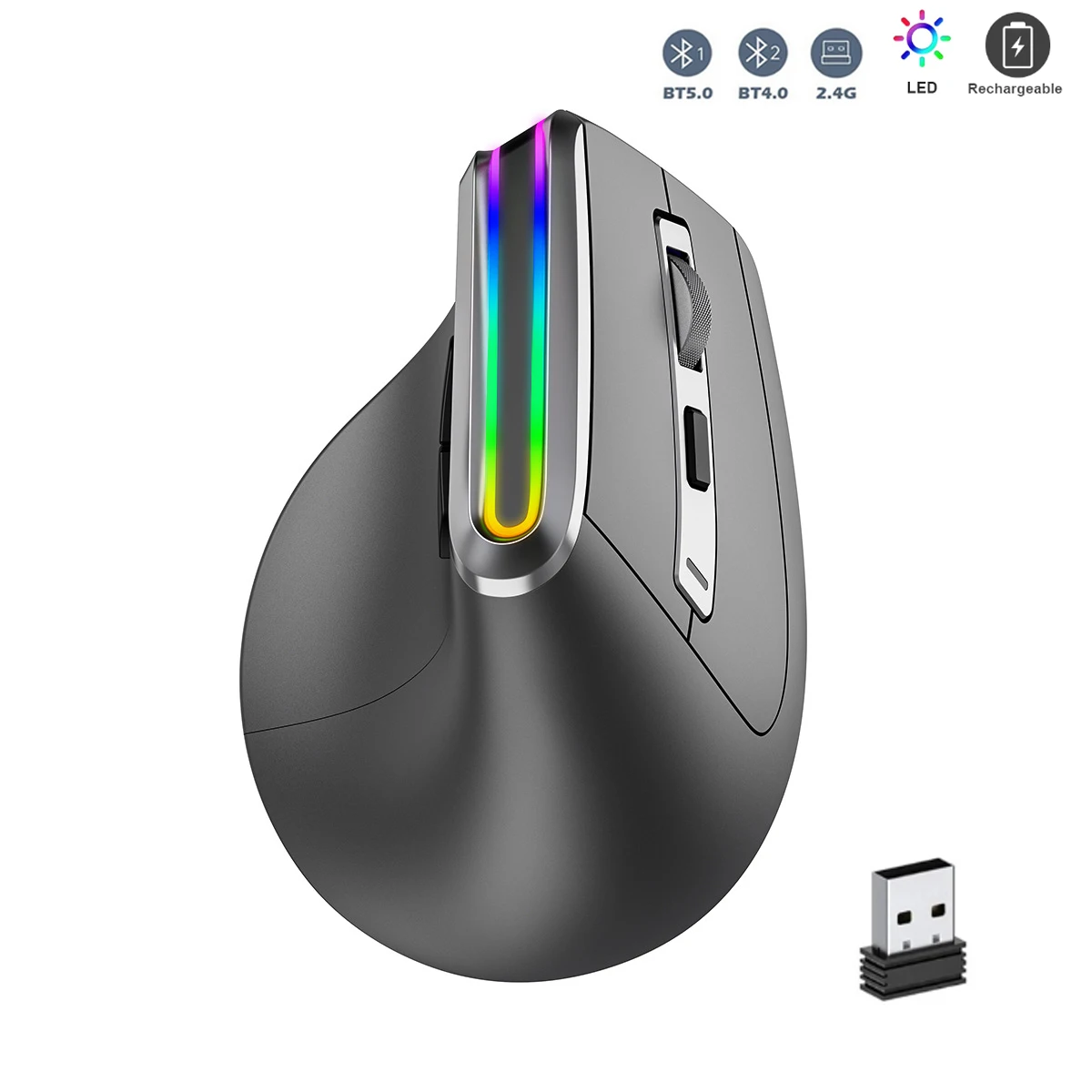JOMAA Ergonomic RGB Wireless Vertical Mouse 2.4G USB Optical Mouse Rechargeable Bluetooth for Desktop/Laptop/PC