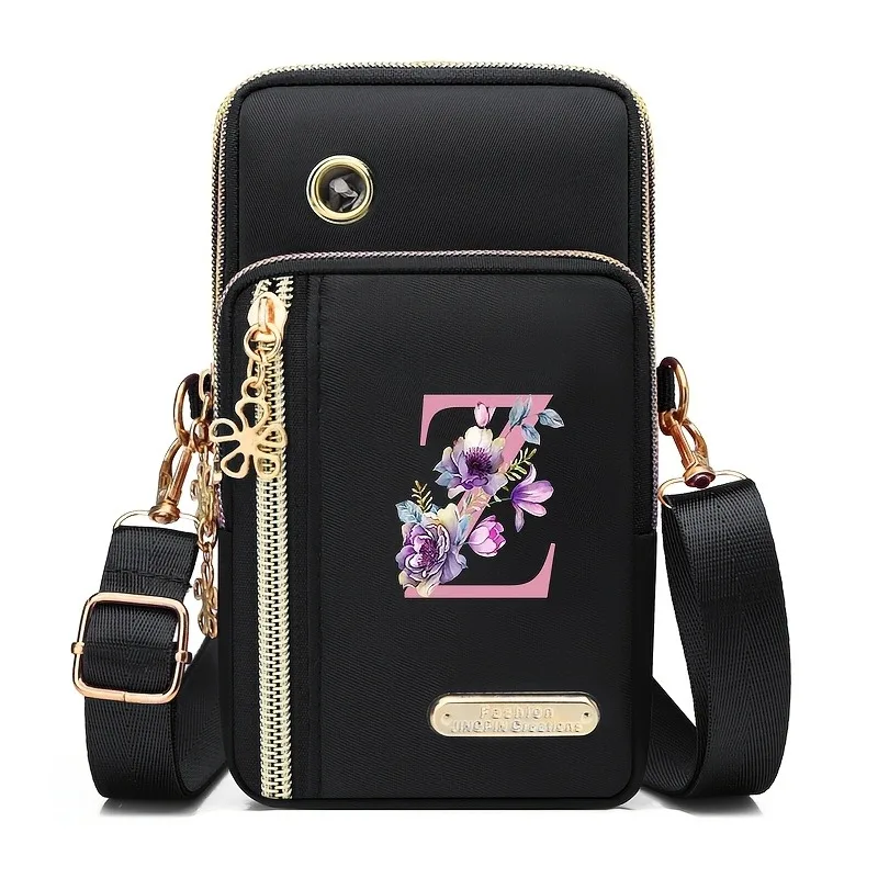 Floral Print Mobile Wallet with Zippered Card Organizer and Adjustable Strap