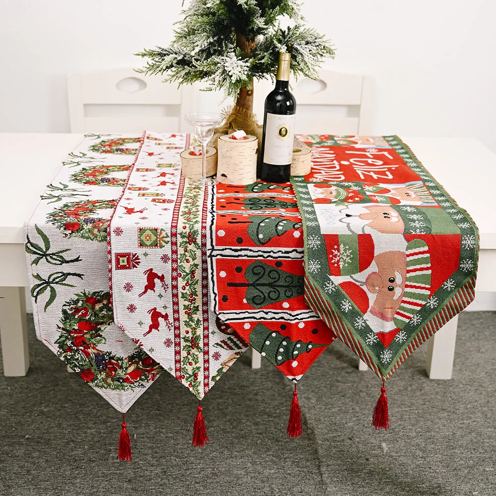 

Christmas Navidad Bed Table Runner Flag Cover Knitting Tablecloth Kitchen Wedding Party New Year Home Decor Christmas Tablecloth