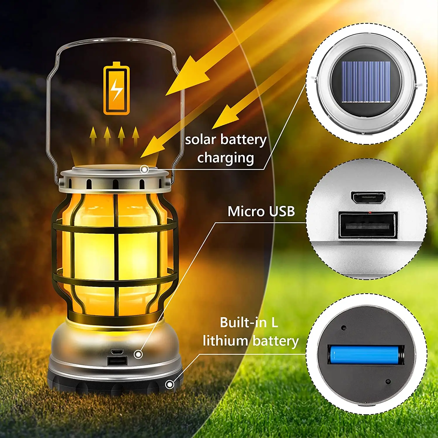 

Solar Light Waterproof Camping Light Solar/USB Rechargeable Camping Lantern Tent Light Flame Hanging LED Light