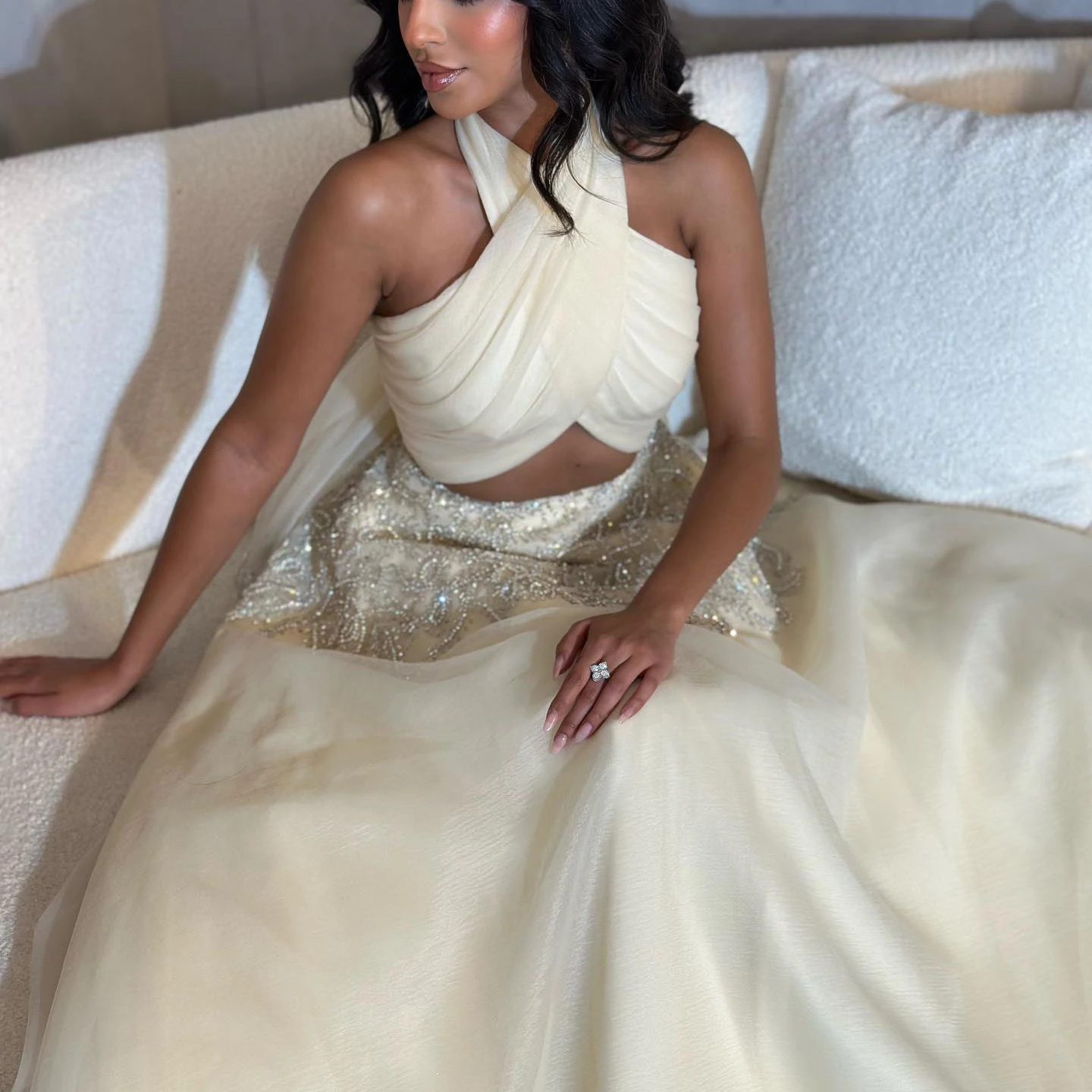 SharonSaidSaudiArabicBeigeHalterEveningDressesforWomenWedding