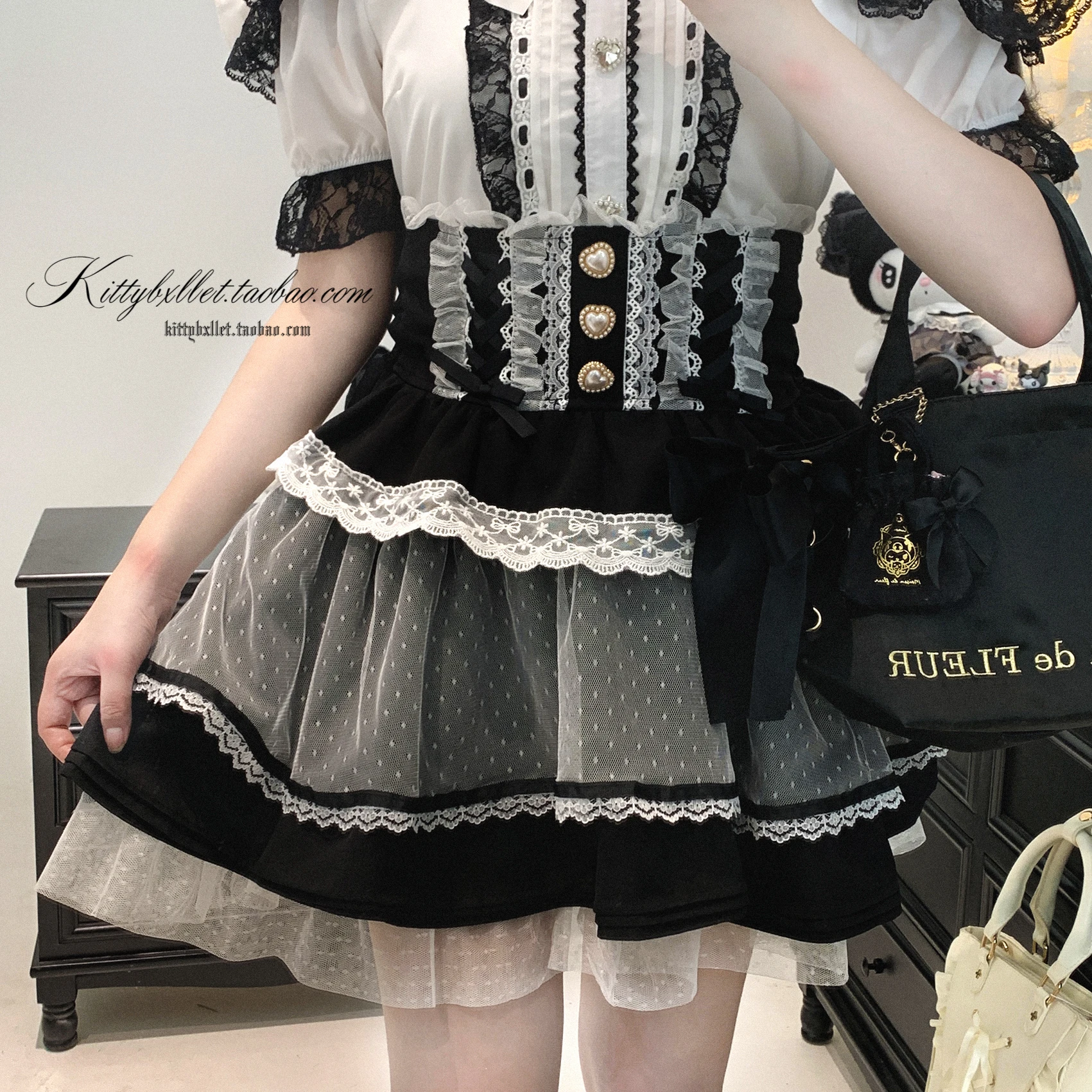 Original Japanese Mines Style Lace Patchwork Puffy High Waist Heart Buckle Bow Sweet Versatile A-line Short Skirts Women Summer