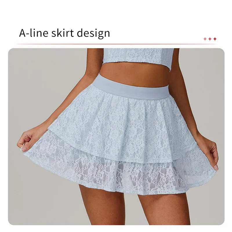 Description Picture 4 of itemNew Style Lace Nude Yoga Short Skirt for Women Anti Glare Mesh Breathable Sports Short Skirt High Waist Short Pants with Pocket