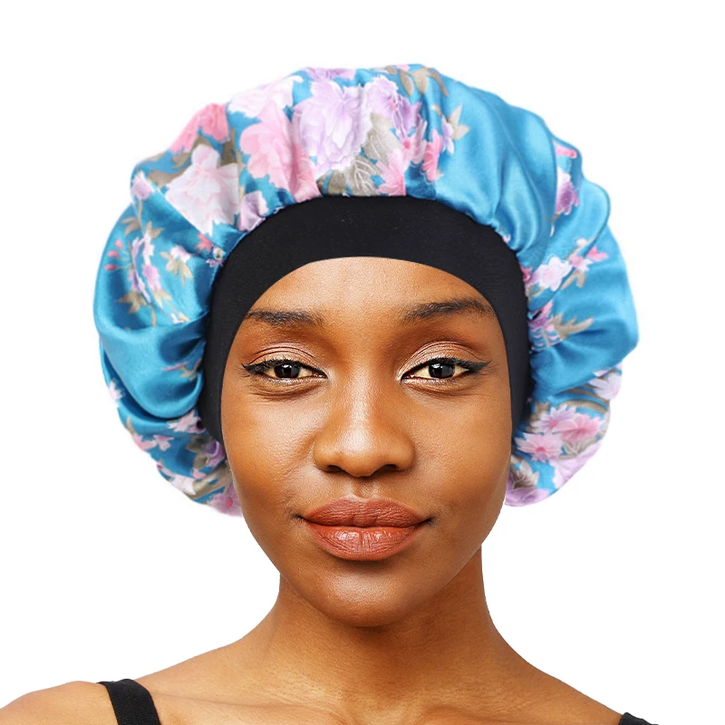 

Women Satin Bonnet Printing Elastic Wide Band Night Sleep Hat Ladies Silky Hair Cover Head Wrap Chemo Cap Curly Springy Bonnet