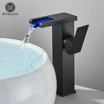 Black Tall LED Waterfall Basin Bathroom Faucet Deck Mounted Hot Cold Water Mixer Taps Three Color Change By Water Flow 1