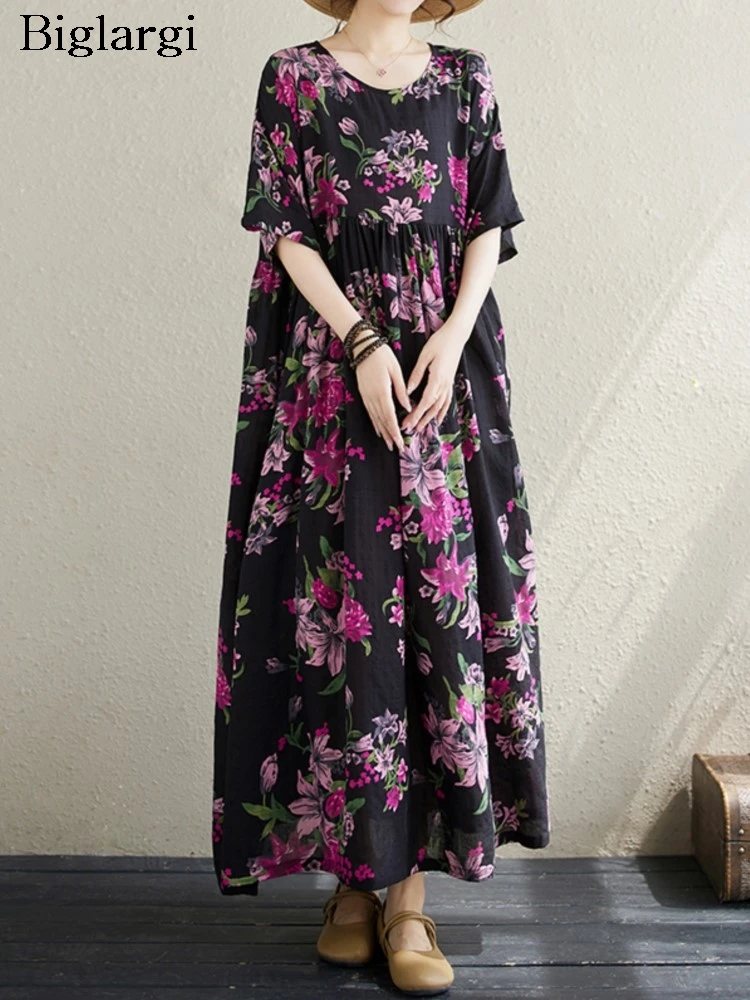 오버사이즈 여름 원피스 여성용 꽃 꽃 프린트 패션, 느슨한 프릴 플리츠 숙녀 드레스, 캐주얼 반팔 여성 원피스