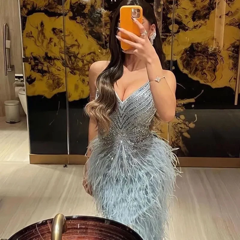 Deep V Neck Prom Dresses Mermaid Plus size Formal Dresses Open Leg Evening Dress Feathers Beading Party Dress VENUS