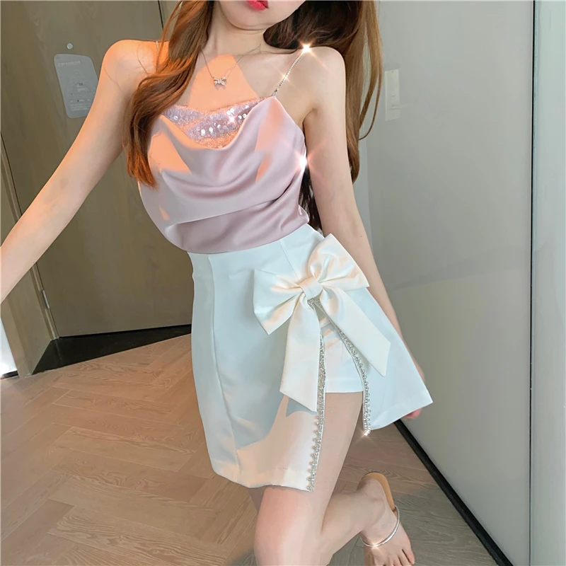 

Women High Street Sweet Solid Color Girls Bow Diamonds Asymmetrical Irregular High Waist A-Line Short Skirt S3010