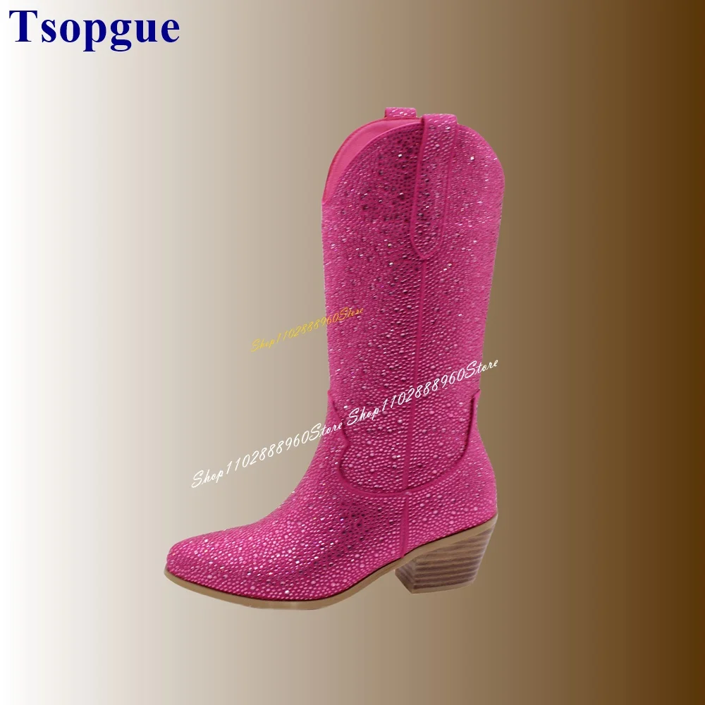 

Western Style Mid Calf Rose Red Sparkling Boots Thick Heel Shoes For Women Slip On Round Toe 2024 Fashion Zapatos Para Mujere