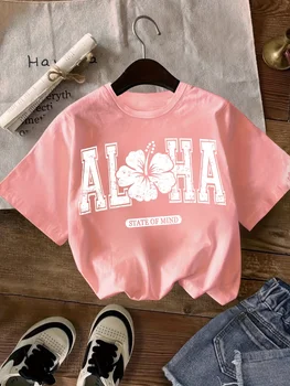Aloha Hawaiian Greeting T-Shirt Featuring a Hibiscus Flower Design Summer Holiday Style for Girls Casual And Comfy Round Neck 1