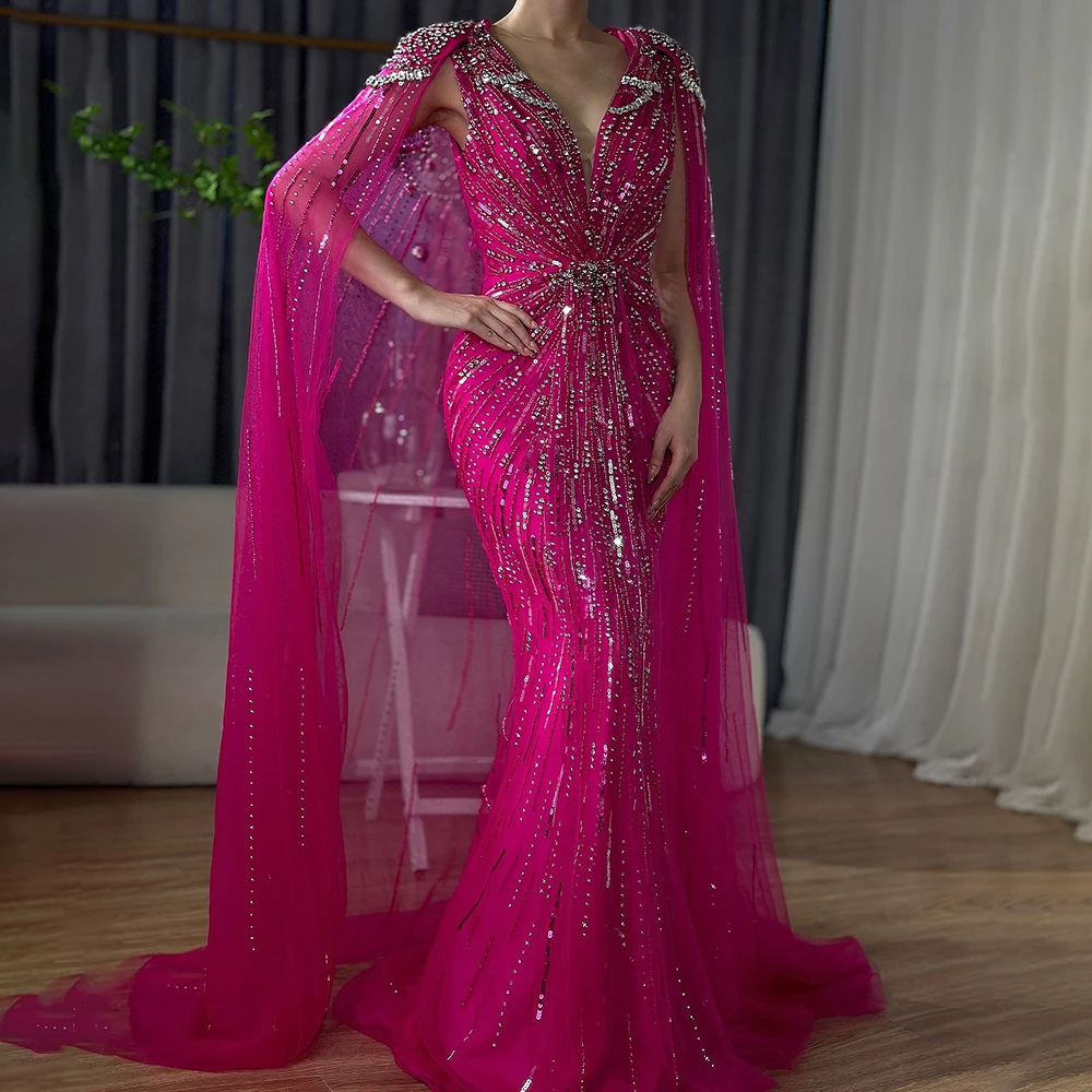 Customized Women Evening Dresses Gowns With Beaded With Cape For Wedding Party