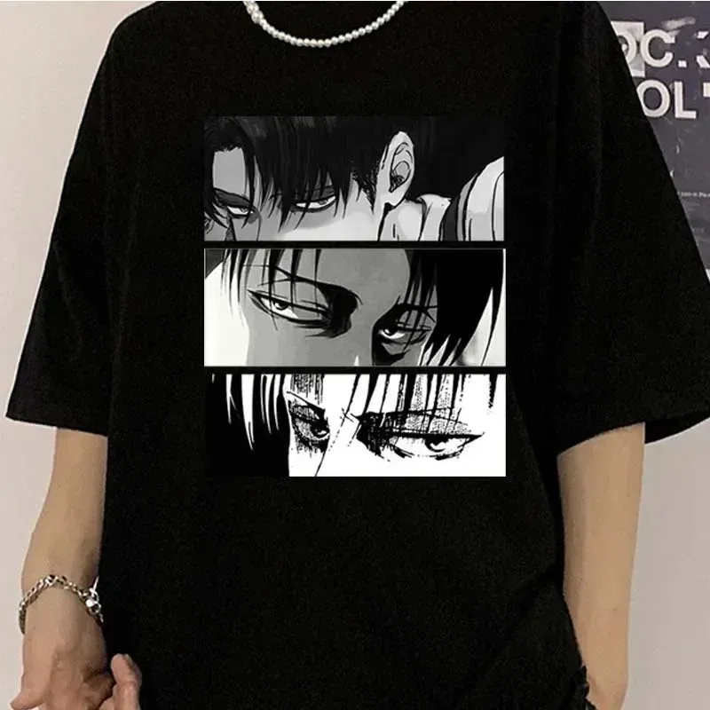 Male and female Japanese anime Attack On Titan Levi Ackerman Eye Punk Tops Summer Harajuku Gothic short comic T-shirt