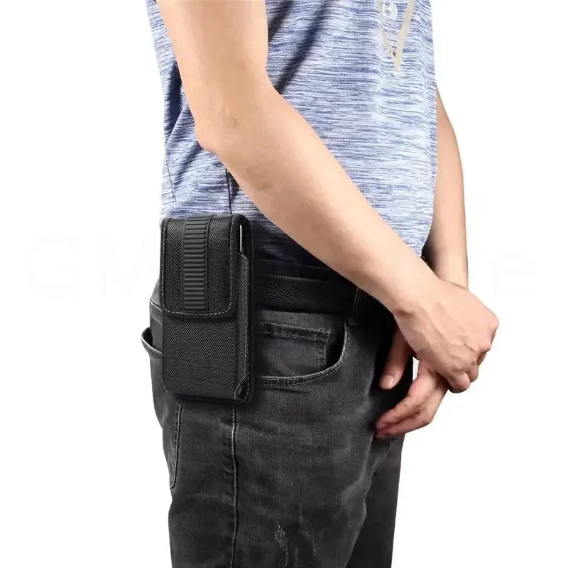 Men's Leather Belt Clip Phone Pouch with Universal Oxford Cloth Case