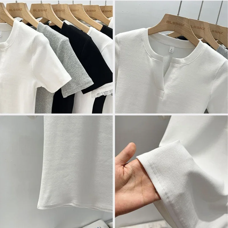 Y2k المرأة تيز شريط القمم سليم صالح الخامس الرقبة موضة قصيرة الأكمام تي شيرتات قطن لصيف 2025 موضة الشارع الشهير 6