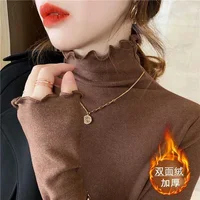 Woman T- Shirts Femmale Turtleneck Long-Sleeved T-Shirt Autumn Winter Ruffled  Mujer Camisetas Half High Collar Plus Fleece Tops