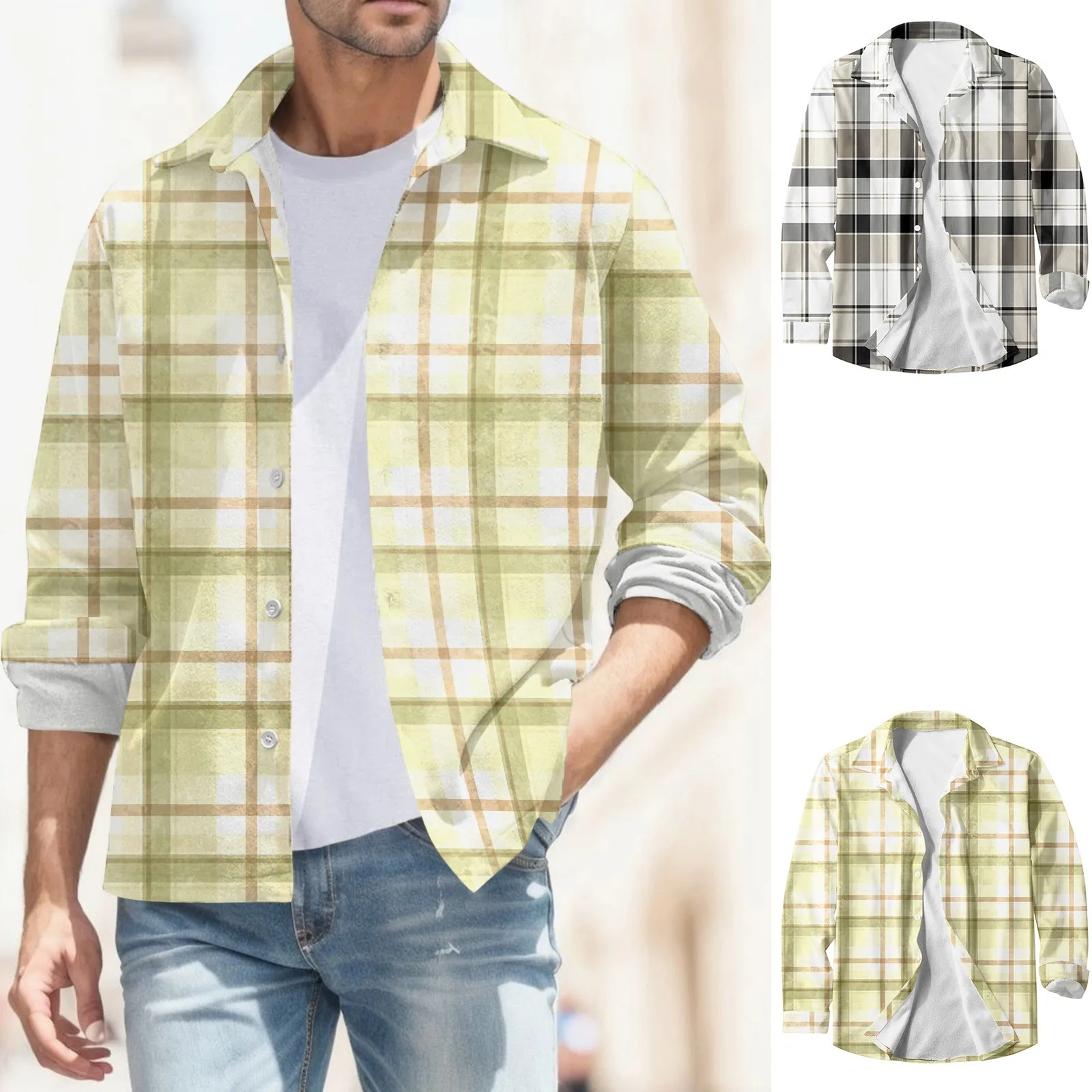 

Male Autumn And Winter Warm Fashion Casual Plaid Square Lapel Pocket No Hood Buckle Quilted Jacket Top Shirt Beach Handsome Men