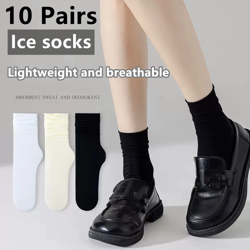 Womens Socks 10 Pairs Thin Ice Silk Women's Long Tube Socks Summer Cool Mid Calf Socks Black and White Ice Pile Pile Ladies'