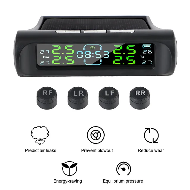 With Digital Clock Car Solar TPMS Automobile Tire Pressure Monitoring System On Dashboard 4pcs TPMS Sensors Auto Security Alarm