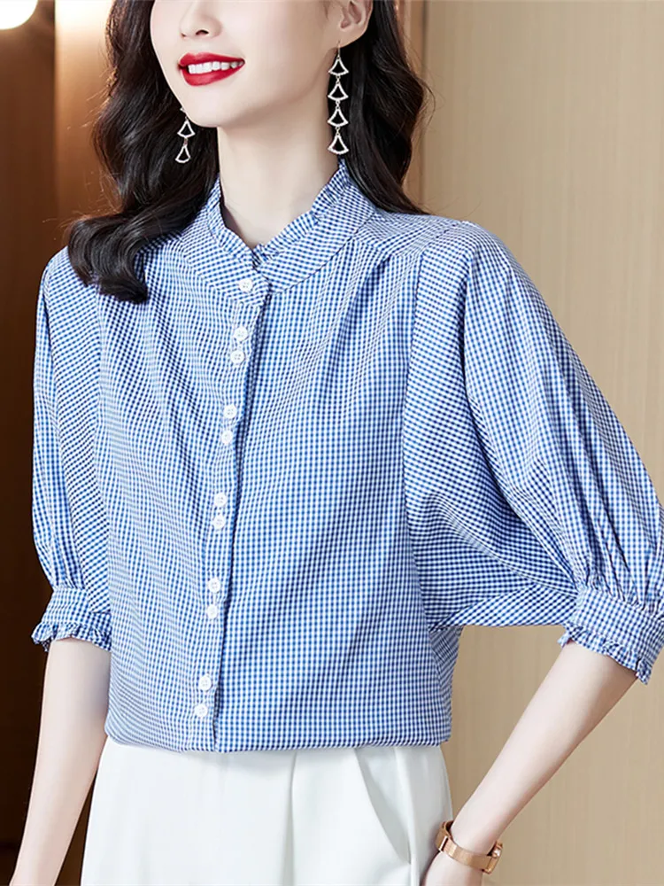 Fashion Women Shirts Vintage Stand Collar Blue Plaid Shirt 2022 Summer Basic Half Button Ladies Tops Lantern Sleeve Women Tops