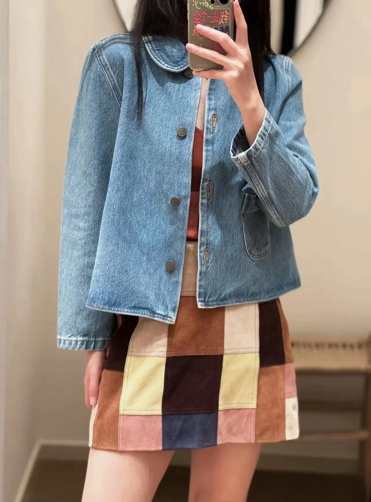 Early Autumn 2024 Women Solid Color Denim Jacket Single Breasted Fashion Cotton Pleated Female Peter Pan Collar Short Coat 6