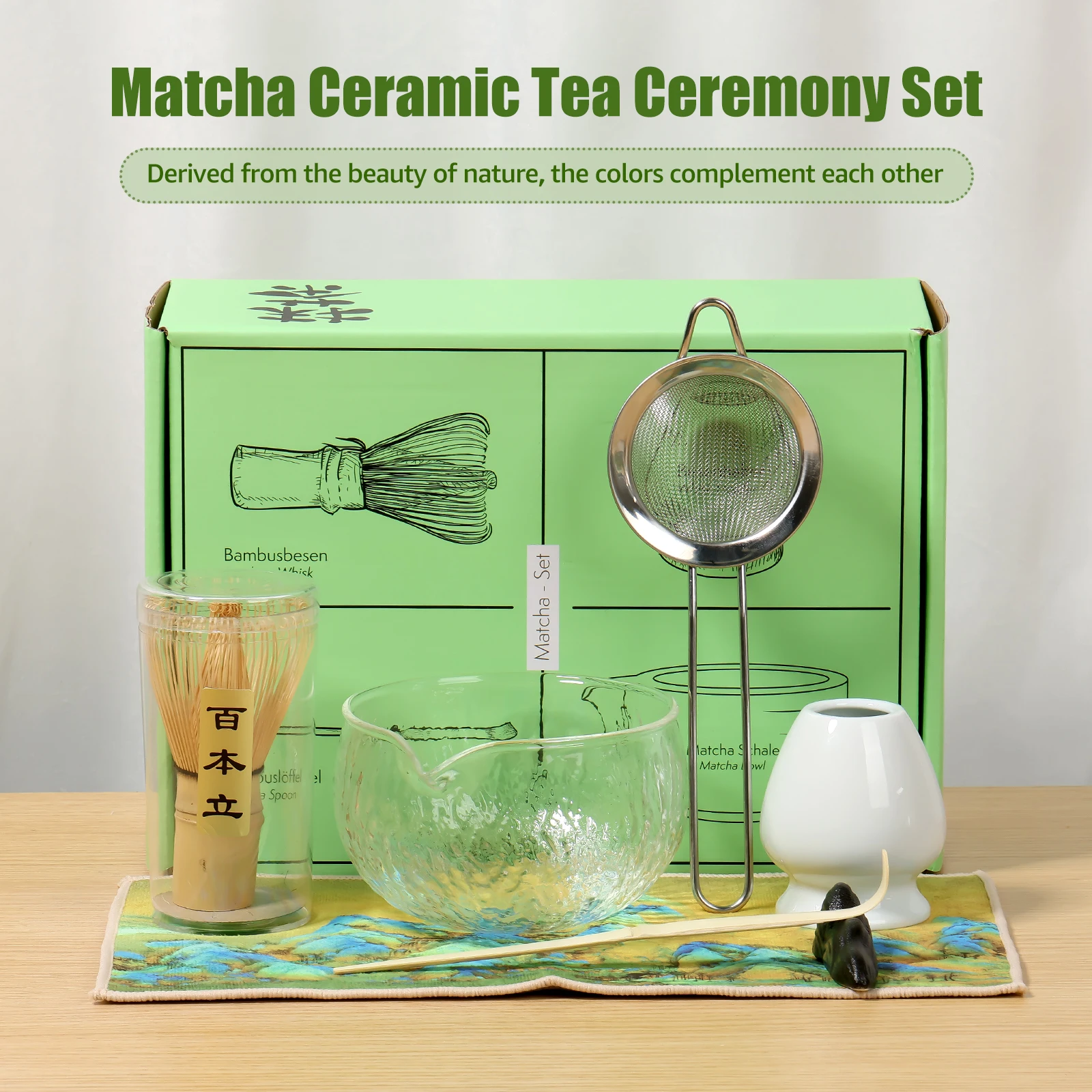 7Pcs Matcha Starter Set Japanese Handmade Matcha Teaset Gift Box with Glass Bowl Bamboo Spoon Ceramic Whisk Holder and Sieve