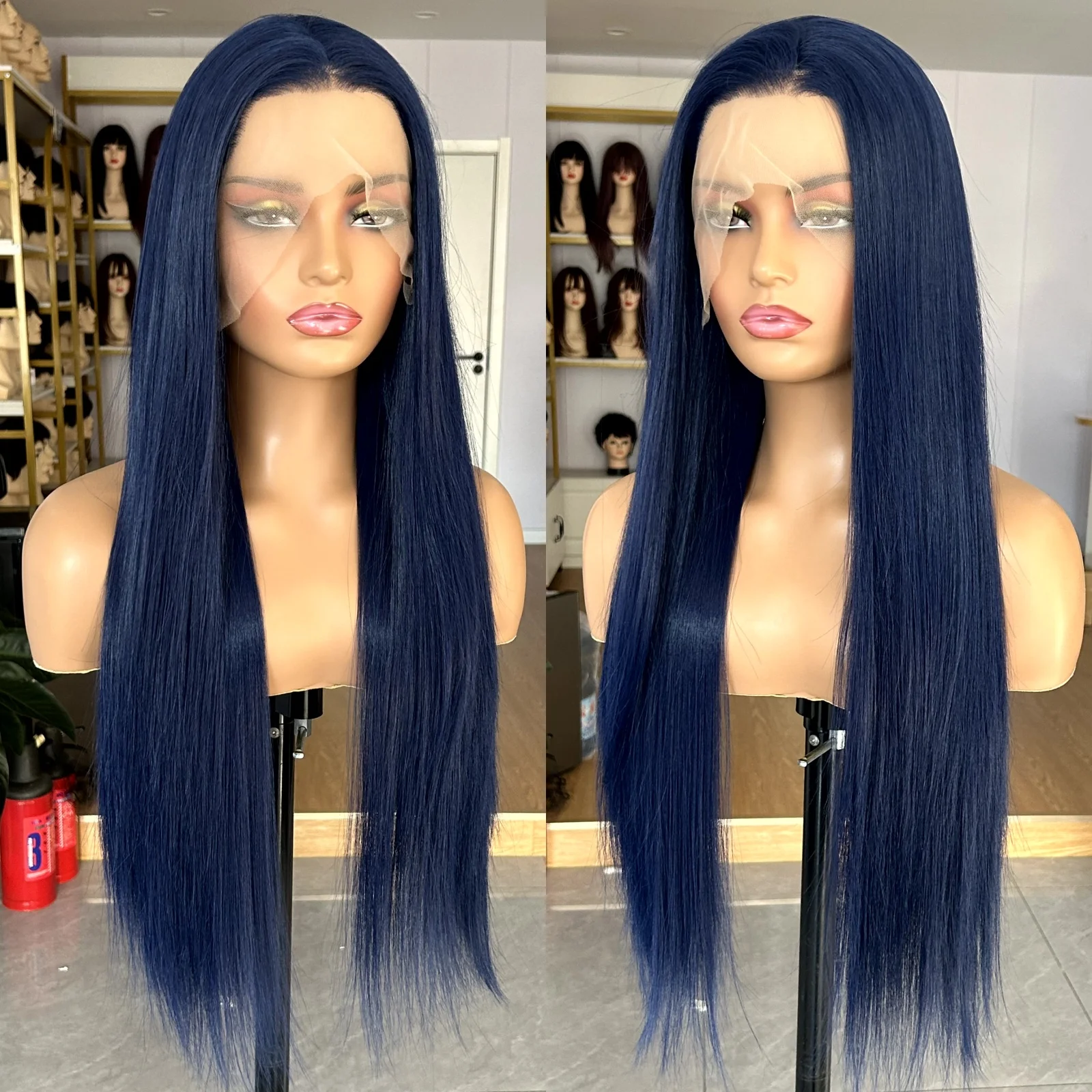 Dark Blue Long Silky Straight Synthetic Lace Front Wig Free Part Natural 13x4 Frontal Colored Wigs for Women Daily Party Cosplay 5