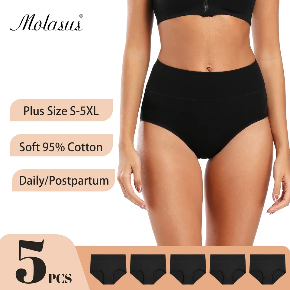 Molasus 5pcs Women's Soft Cotton Underwear Briefs High Waisted