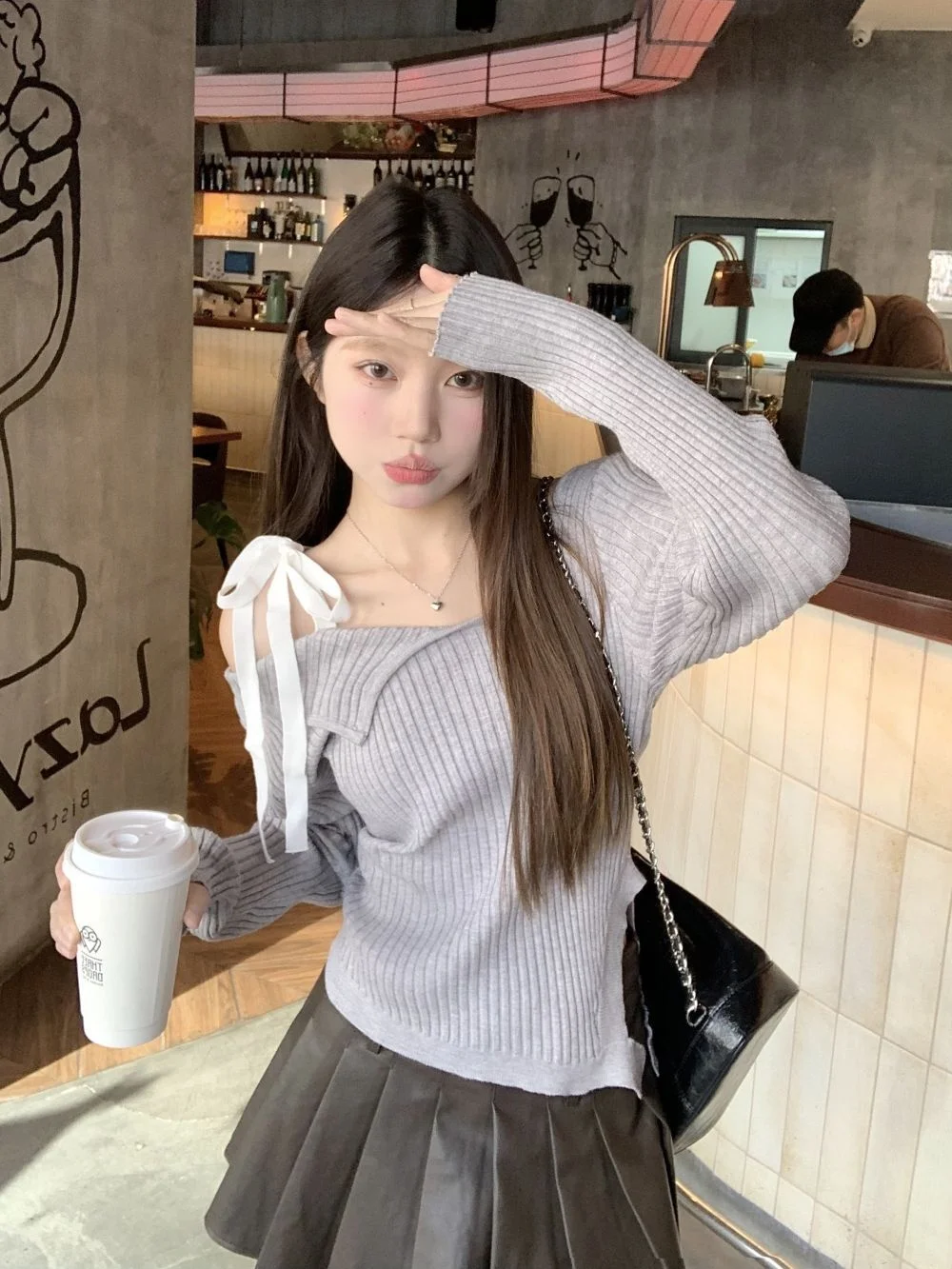 Sanmuzi ~ 겨울 한국 시리즈 디자인 불규칙한 레이스 업 오프 숄더 자루 베이스 니트 스웨터 탑 여성 