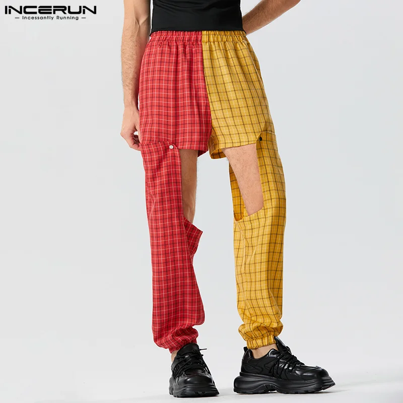 INCERUN 2023 American Style New Men's Trousers Personalized Hollowed Out Plaid Long Pants Casual Male Patchwork Pantalons S-5XL