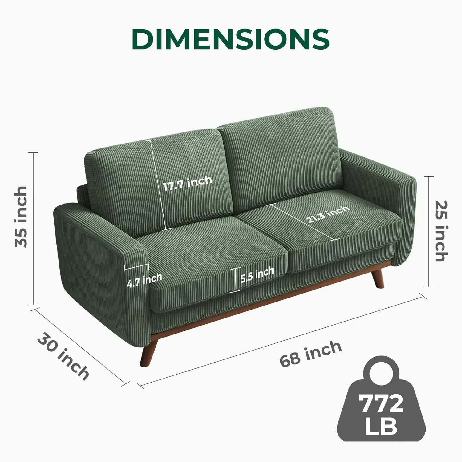 Bedroom & Living Room，68" Loveseat Sofa - Green, Comfy Corduroy with Spring Cushion, Solid Wood Frame, Modern Deep Seat