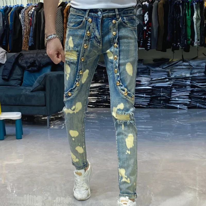 Men Hole Patchwork Jean Spring Slim Fit Men Blue Jeans Elastic Jeans For Men Motorcycle Pant Streetwear Print Ripped Jean Hombre