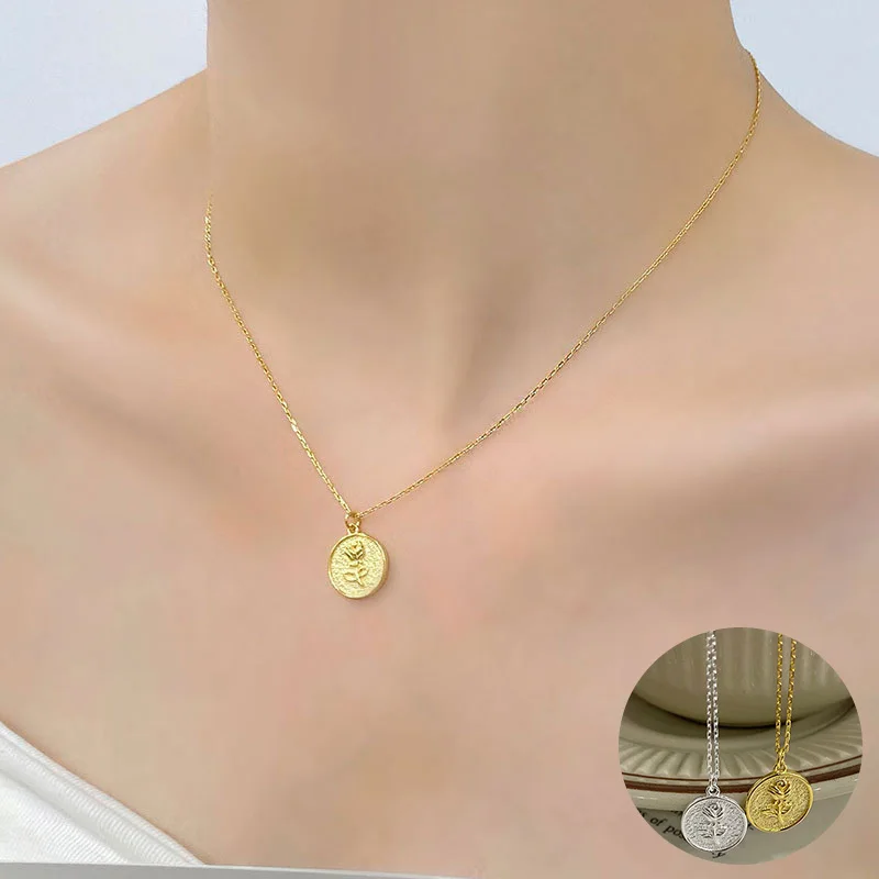 

100% 925 Sterling Silver Flower Necklace for Women Girl Vintage Rose Geometric Round Design Jewelry Party Gift Dropshipping