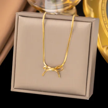 Stainless Steel Sweet Bow Pendant Necklace For Women Girls Gold Color Lovely Choker Chain Wedding Birthday Party Jewelry Gifts