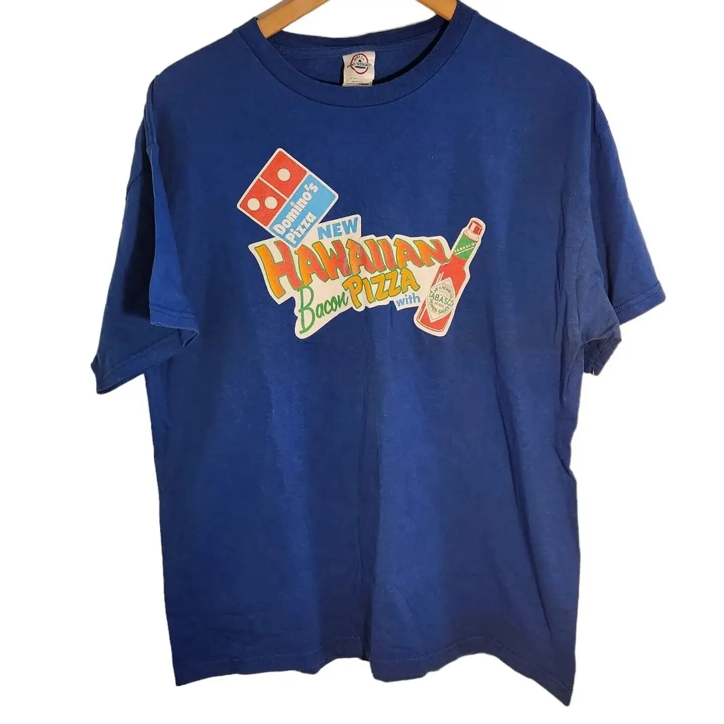 Vintage Domino S Pizza Hawaiian Bacon Tabasco Promo Staff T Shirt Large Blue Maniche Lunghe O Corte