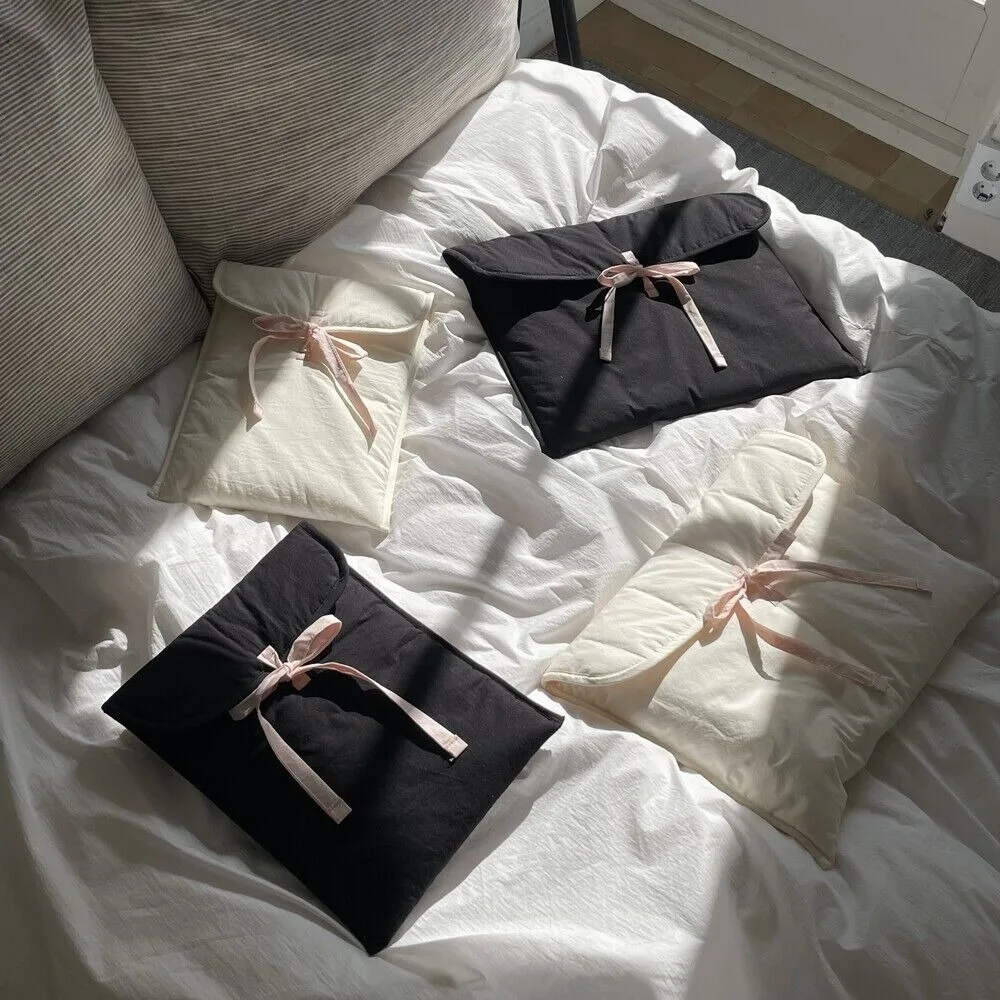 Bow Laptop Bag for Women Casual Niche Pink Bow Sweet Cute Solid Laptop Bag Cotton Briefcase Large Capacity Handbag New