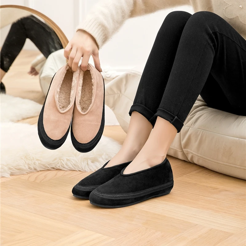 Cow Suede Flat Snow Boots – Warm Ankle Winter Shoes for Women (Large Size Available)