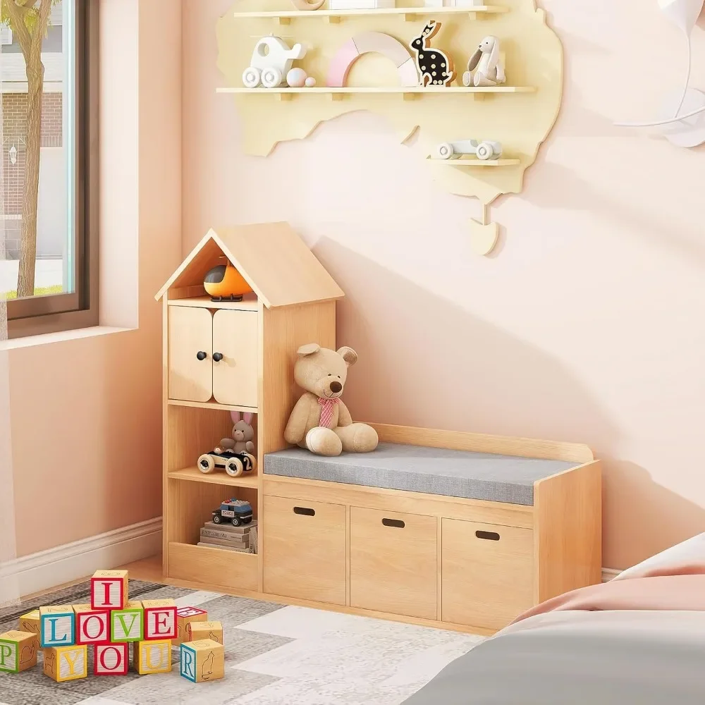 Kids Bookcase and Bookshelf with Reading Nook, Multifunctional Bookcase with 3 Open Storage Cubbies and 3 Drawers, Bookcase 4