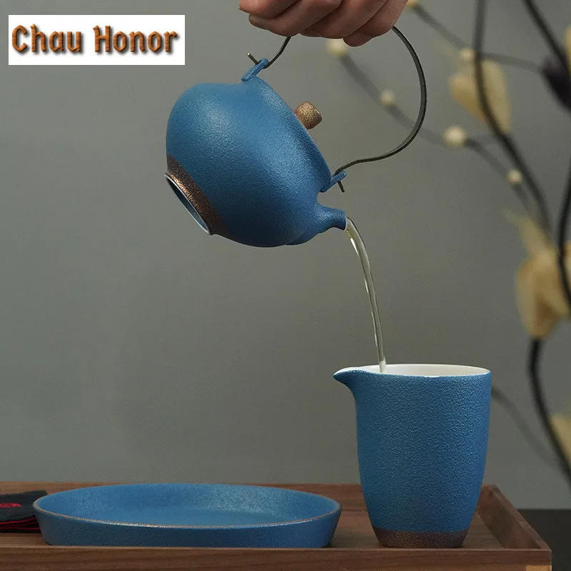 280ml Handmade Azure Color Ceramic Loop-handled Teapot Retro Japanese Style Kung Fu Tea Master Pots Personal Cups Gift Packaging