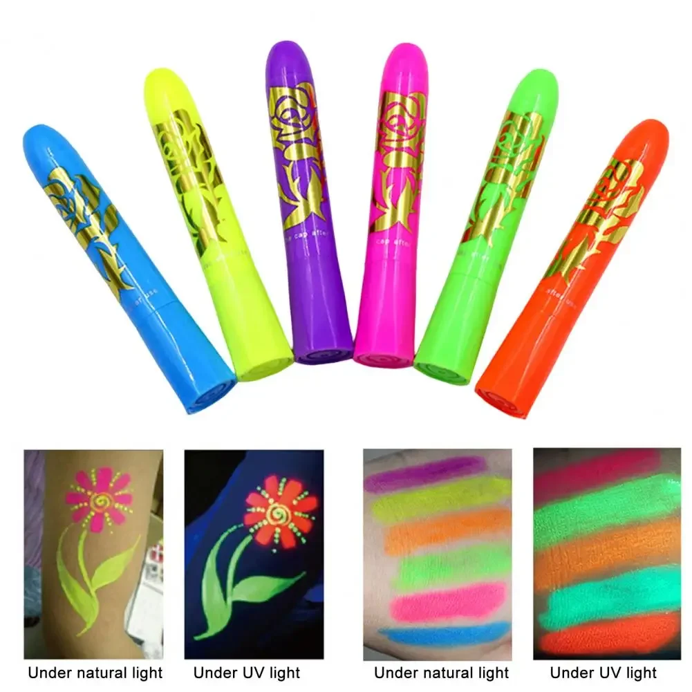 6Pcs Face Paint Crayon Vibrant Color Neon Body Paint Stunning No Odor Makeup Painting Face Body Paint Glow Stick Party Supplies 4