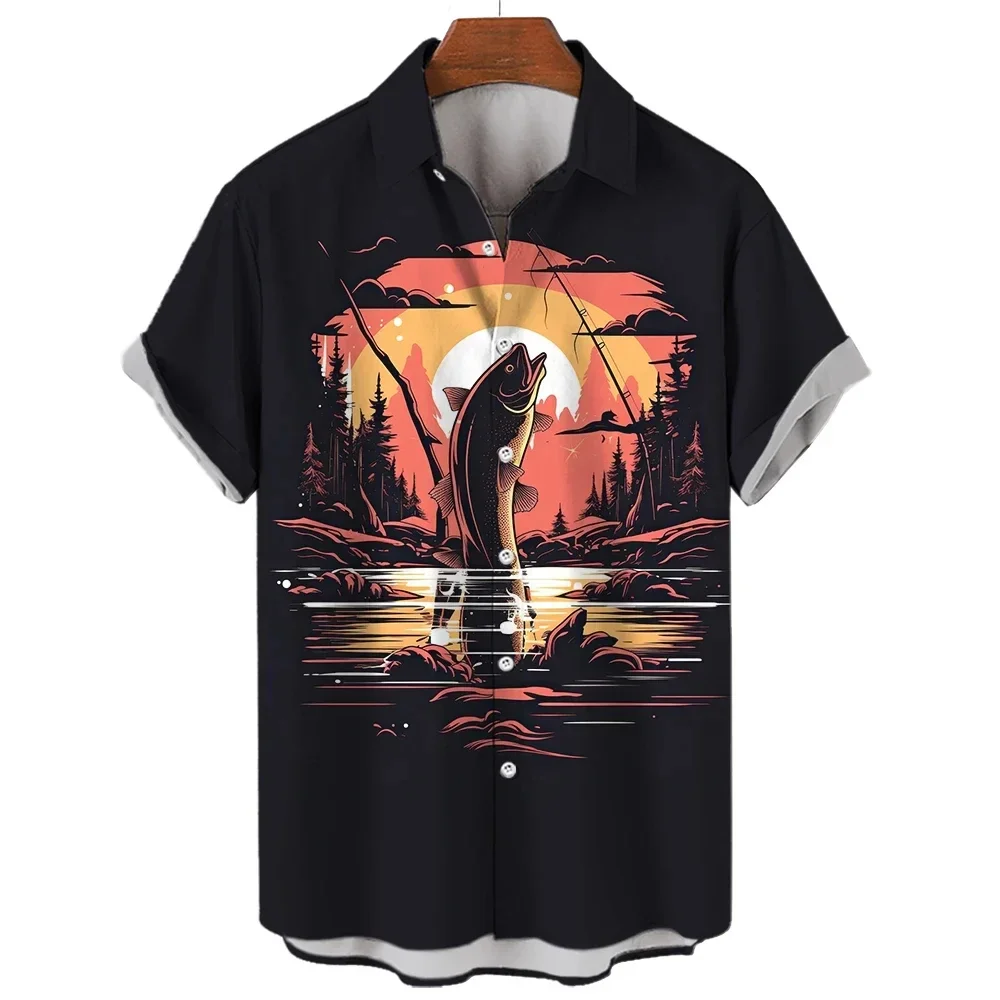 2024 New Men's Shirts Hawaiian Casual Men's Tops Wild Fishing Print Handsome Large Size Men's Short Sleeve Shirts Loose