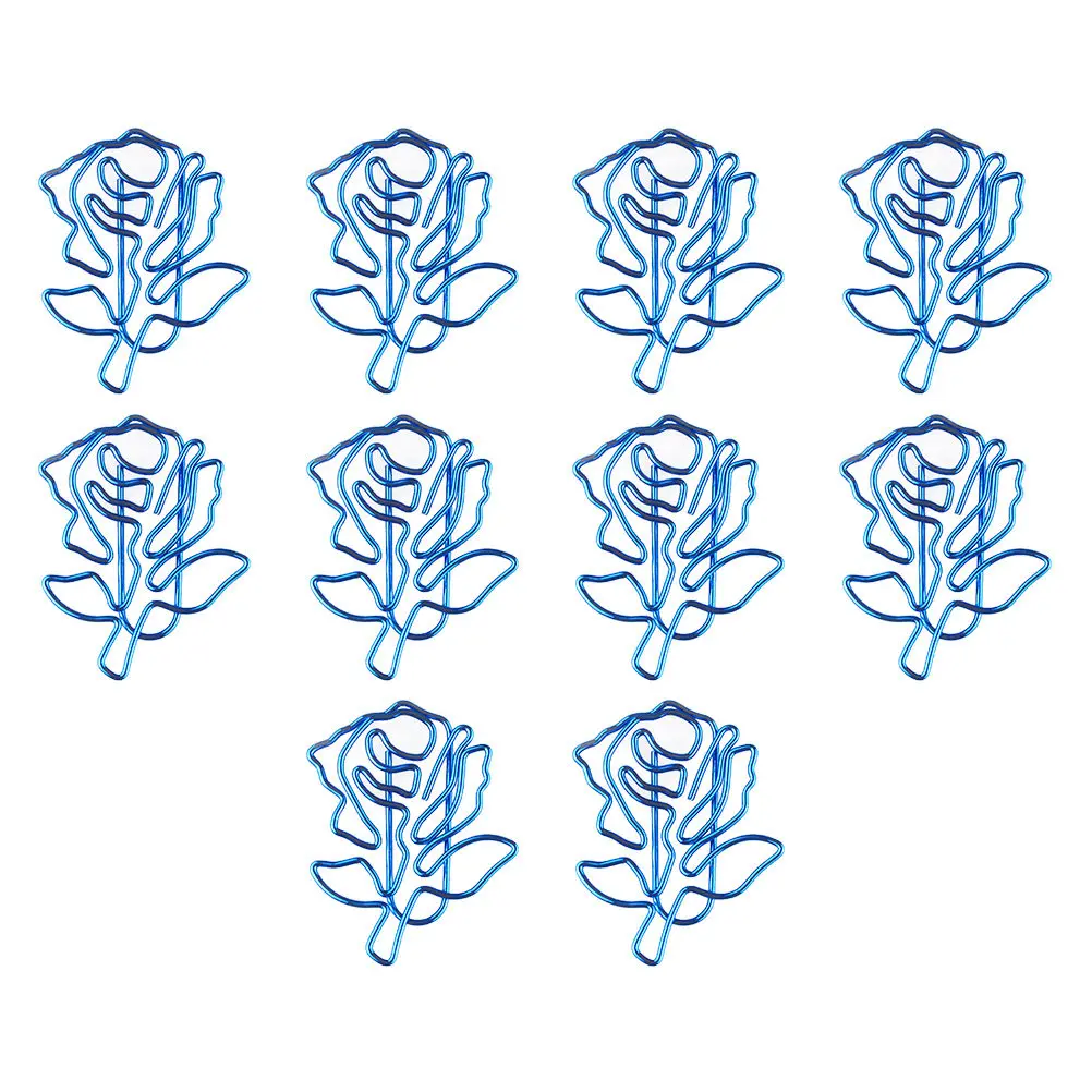 10Pcs 블루 로즈 종이 클립 사무실 노트 문서용 절묘한 모양의 클립 북마크 플래너 금속 로즈 클립