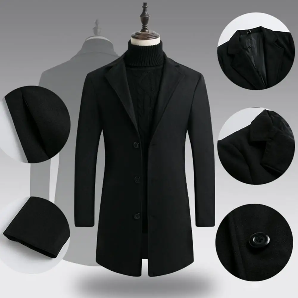 

Stylish Winter Jacket Turndown Collar Korean Style Lapel Buttons Woolen Coat Mid-length Men Trench Coat Streetwear