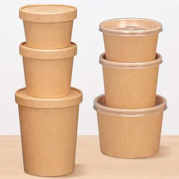 25Pcs Kraft Paper Food Containers with Vented Lids To Go Hot Soup Bowls Disposable Ice Cream Cups 8-26oz Paper Soup Containers