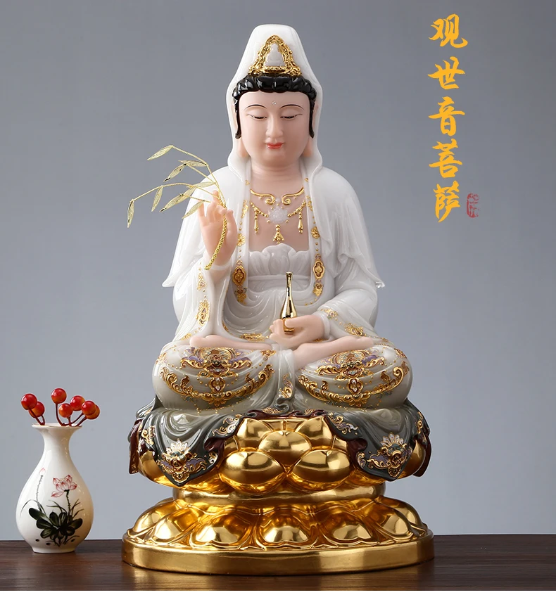 

30cm LARGE Buddhist high-grade home TOP efficacious Talisman Mascot Avalokitesvara Guanyin Buddha color gilding Sculpture statue