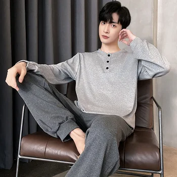 남성용 가을 봄 잠옷, 팻 플러스 심플 캐주얼 투피스 니트 코튼 풀오버, 라운드넥 프린트 만화 홈웨어, 2023 년 상품