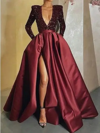 A-Line Sparkle Party Wear Formal Evening Dress V Neck Long Sleeve Floor Length Satin Sequin With Crystals Split 2022 Burgundy